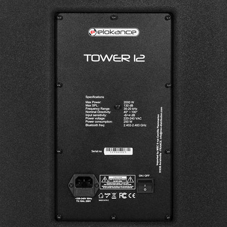 Elokance Tower 12 3-way column loudspeaker with 2000 W peak power, 130 dB SPL, 12" subwoofer, Class-D bi-amplification (800 W RMS), 6 x 3" mid drivers, 1" neodymium tweeter, DSP, Bluetooth 5.3 with TWS