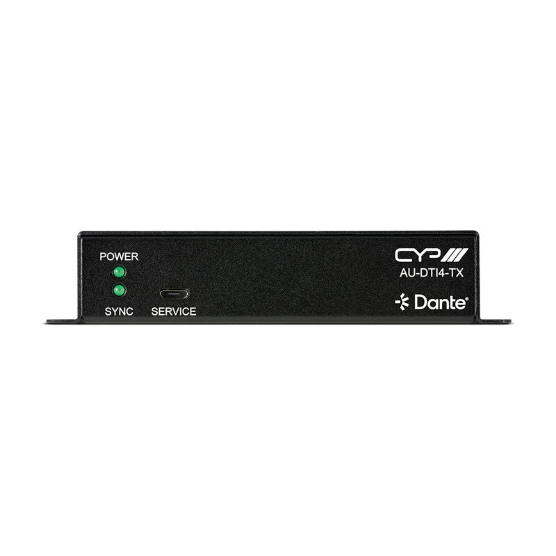 CYP AU-DTI4-TX 4‑channel balanced analog‑to‑Dante transmitter, adjustable pre‑gain, selectable 5 - 48 V Phantom power, ultra‑low‑latency ADC conversion,
PoE‑powered Dante interface