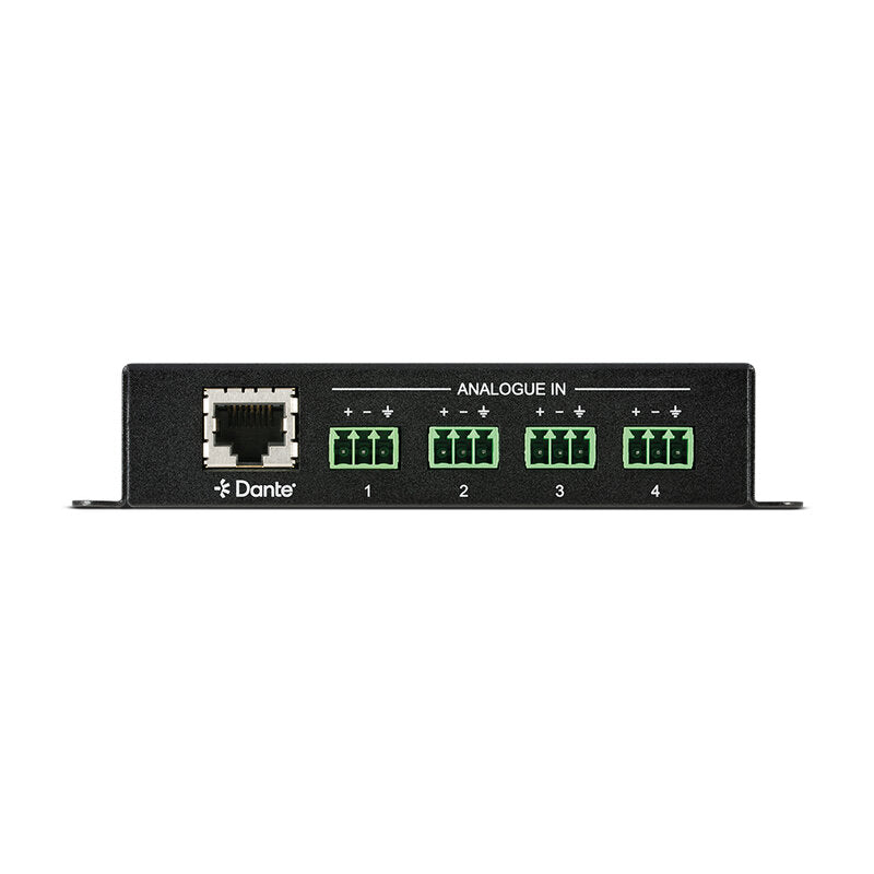 CYP AU-DTI4-TX 4‑channel balanced analog‑to‑Dante transmitter, adjustable pre‑gain, selectable 5 - 48 V Phantom power, ultra‑low‑latency ADC conversion,
PoE‑powered Dante interface