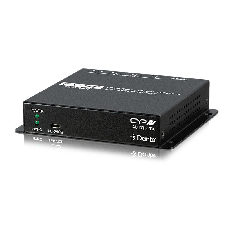 CYP AU-DTI4-TX 4‑channel balanced analog‑to‑Dante transmitter, adjustable pre‑gain, selectable 5 - 48 V Phantom power, ultra‑low‑latency ADC conversion,
PoE‑powered Dante interface