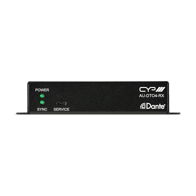CYP AU-DTO4-RX 4‑channel balanced Dante‑to‑analog receiver with configurable output level, ultra‑low‑latency DAC conversion, PoE‑powered Dante interface