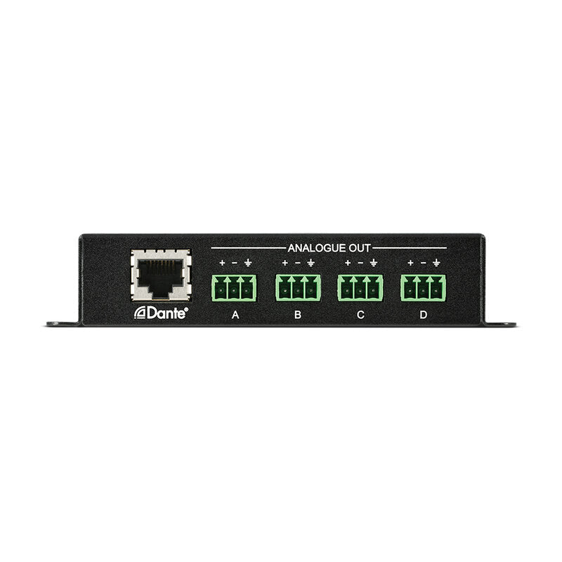 CYP AU-DTO4-RX 4‑channel balanced Dante‑to‑analog receiver with configurable output level, ultra‑low‑latency DAC conversion, PoE‑powered Dante interface