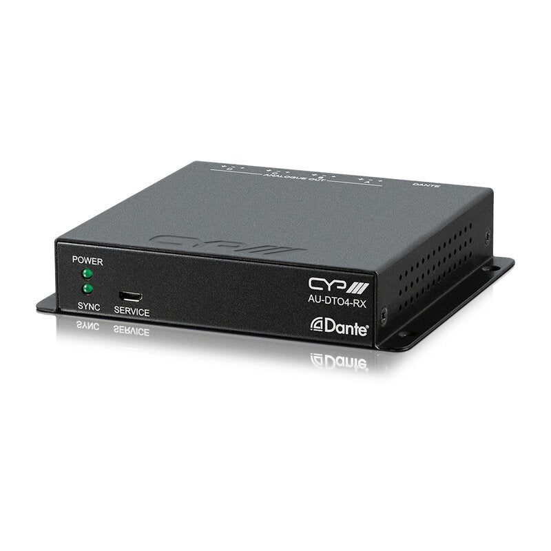 CYP AU-DTO4-RX 4‑channel balanced Dante‑to‑analog receiver with configurable output level, ultra‑low‑latency DAC conversion, PoE‑powered Dante interface