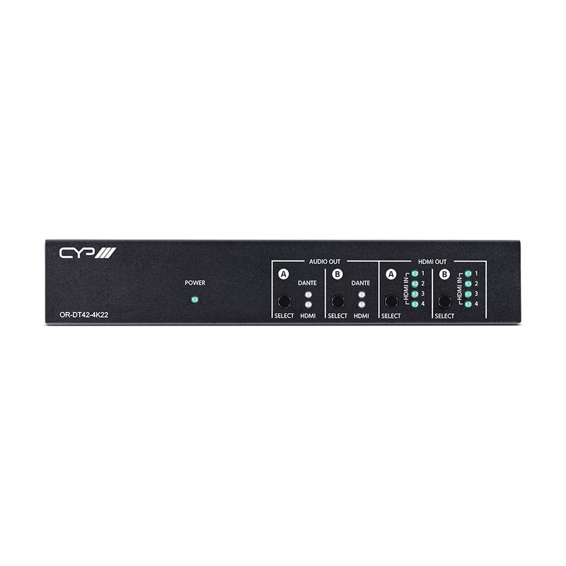 CYP OR-DT42-4K22 4 x 2 HDMI matrix switch, Dante/AES67 audio insertion and extraction, supporting 4K @ 60 4:4:4, multichannel audio, analogue audio outputs and full control via WebGUI, RS‑232 and Telnet