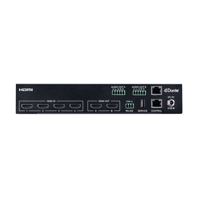 CYP OR-DT42-4K22 4 x 2 HDMI matrix switch, Dante/AES67 audio insertion and extraction, supporting 4K @ 60 4:4:4, multichannel audio, analogue audio outputs and full control via WebGUI, RS‑232 and Telnet