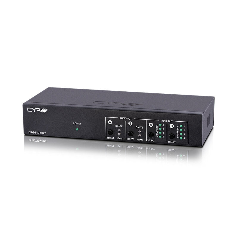 CYP OR-DT42-4K22 4 x 2 HDMI matrix switch, Dante/AES67 audio insertion and extraction, supporting 4K @ 60 4:4:4, multichannel audio, analogue audio outputs and full control via WebGUI, RS‑232 and Telnet