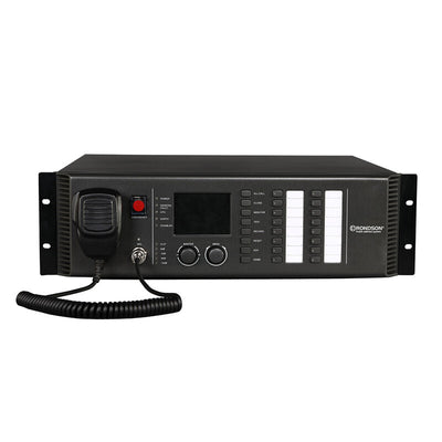 Rondson EVA-3000M Master control unit with integrated 500 W Class‑D amplifier, up to 8 supervised loudspeaker zones, full fault monitoring, EN 54‑16 compliance, built‑in audio storage, scheduling, amplifier redundancy