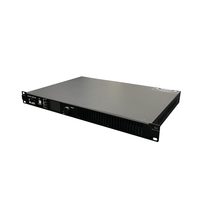 LEM Commercial D-Drive 1.8k4-ae Compact 1U 19" power amplifier with advanced SHARC‑based DSP, 4 x 300 W on 8 ohms, 4 x 450 W on 4 ohms, or 2 x 900 W in bridge mode, Webcon browser control, AES67 interface, flexible low Z 70 ‑ 100 V operation