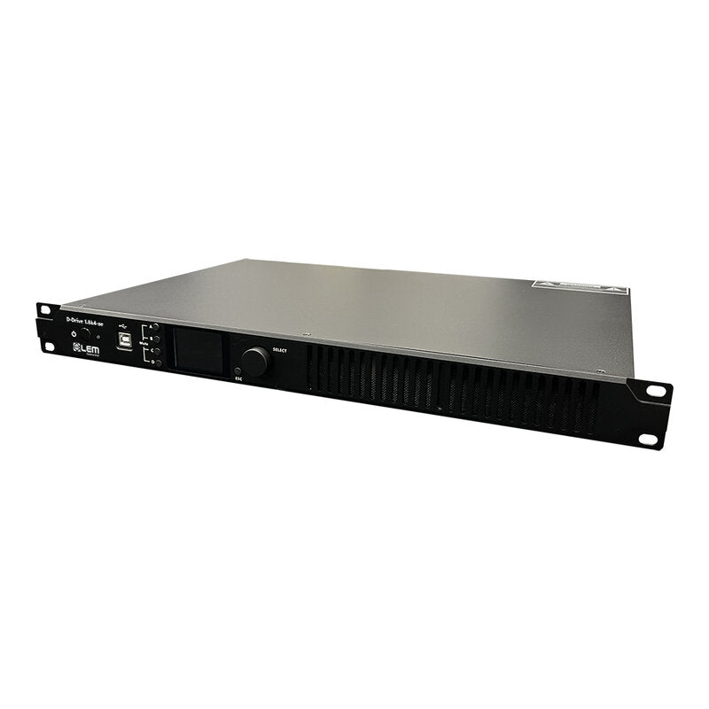 LEM Commercial D-Drive 1.8k4-ae Compact 1U 19" power amplifier with advanced SHARC‑based DSP, 4 x 300 W on 8 ohms, 4 x 450 W on 4 ohms, or 2 x 900 W in bridge mode, Webcon browser control, AES67 interface, flexible low Z 70 ‑ 100 V operation