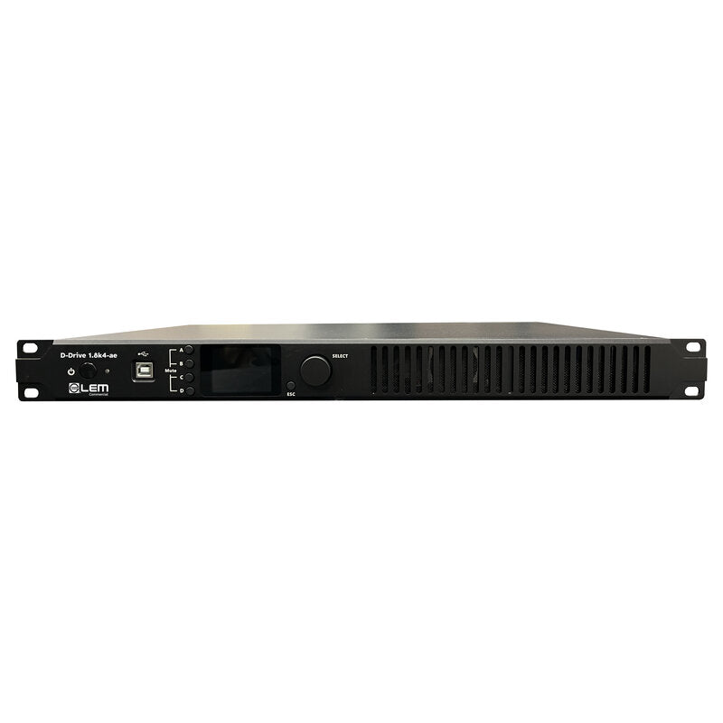 LEM Commercial D-Drive 1.8k4-ae Compact 1U 19" power amplifier with advanced SHARC‑based DSP, 4 x 300 W on 8 ohms, 4 x 450 W on 4 ohms, or 2 x 900 W in bridge mode, Webcon browser control, AES67 interface, flexible low Z 70 ‑ 100 V operation