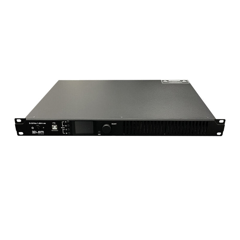 LEM Commercial D-Drive 1.8k4-ae Compact 1U 19" power amplifier with advanced SHARC‑based DSP, 4 x 300 W on 8 ohms, 4 x 450 W on 4 ohms, or 2 x 900 W in bridge mode, Webcon browser control, AES67 interface, flexible low Z 70 ‑ 100 V operation