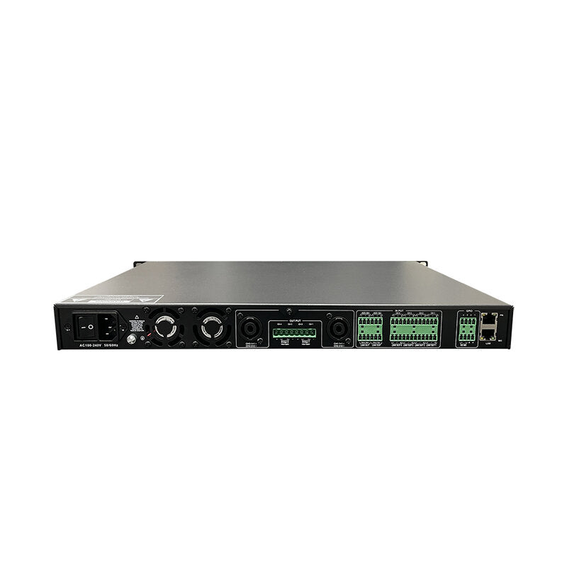 LEM Commercial D-Drive 1.8k4-ae Compact 1U 19" power amplifier with advanced SHARC‑based DSP, 4 x 300 W on 8 ohms, 4 x 450 W on 4 ohms, or 2 x 900 W in bridge mode, Webcon browser control, AES67 interface, flexible low Z 70 ‑ 100 V operation