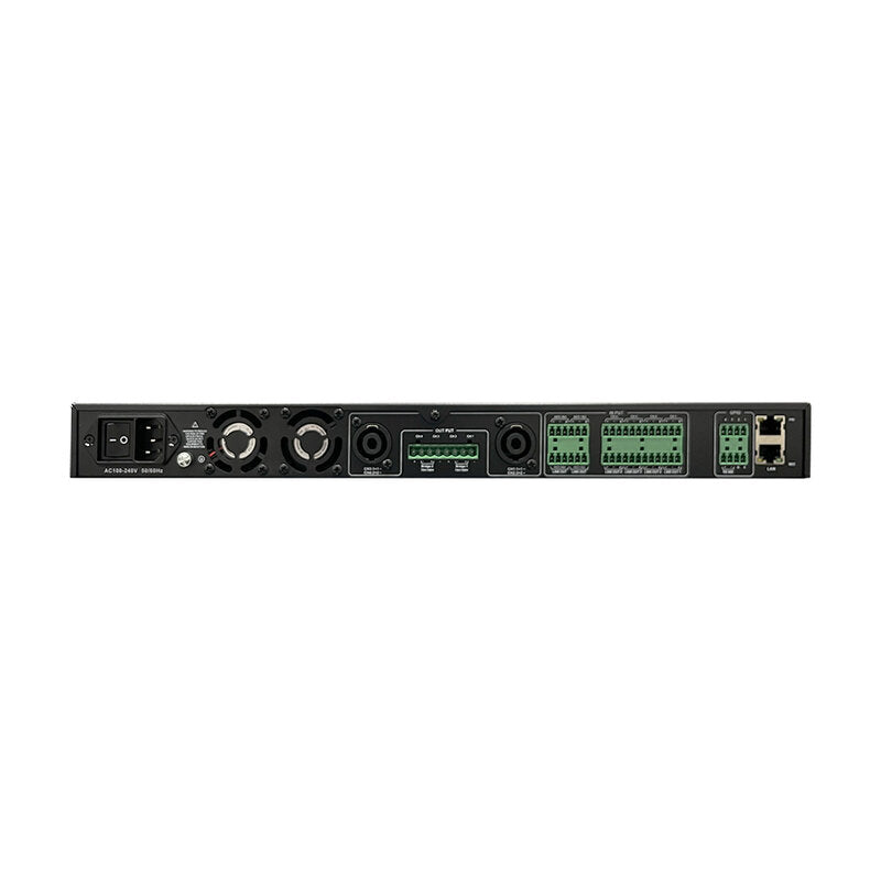 LEM Commercial D-Drive 1.8k4-ae Compact 1U 19" power amplifier with advanced SHARC‑based DSP, 4 x 300 W on 8 ohms, 4 x 450 W on 4 ohms, or 2 x 900 W in bridge mode, Webcon browser control, AES67 interface, flexible low Z 70 ‑ 100 V operation
