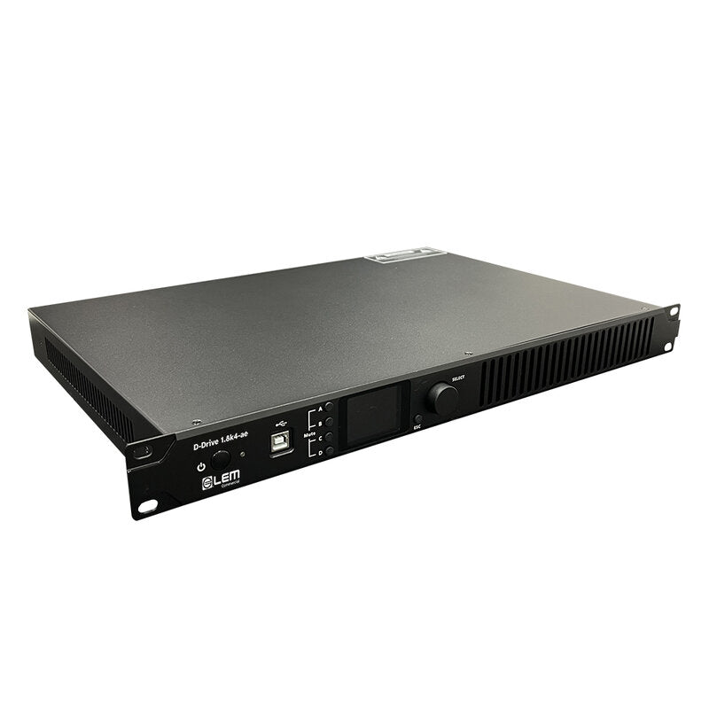 LEM Commercial D-Drive 1.8k4-ae Compact 1U 19" power amplifier with advanced SHARC‑based DSP, 4 x 300 W on 8 ohms, 4 x 450 W on 4 ohms, or 2 x 900 W in bridge mode, Webcon browser control, AES67 interface, flexible low Z 70 ‑ 100 V operation