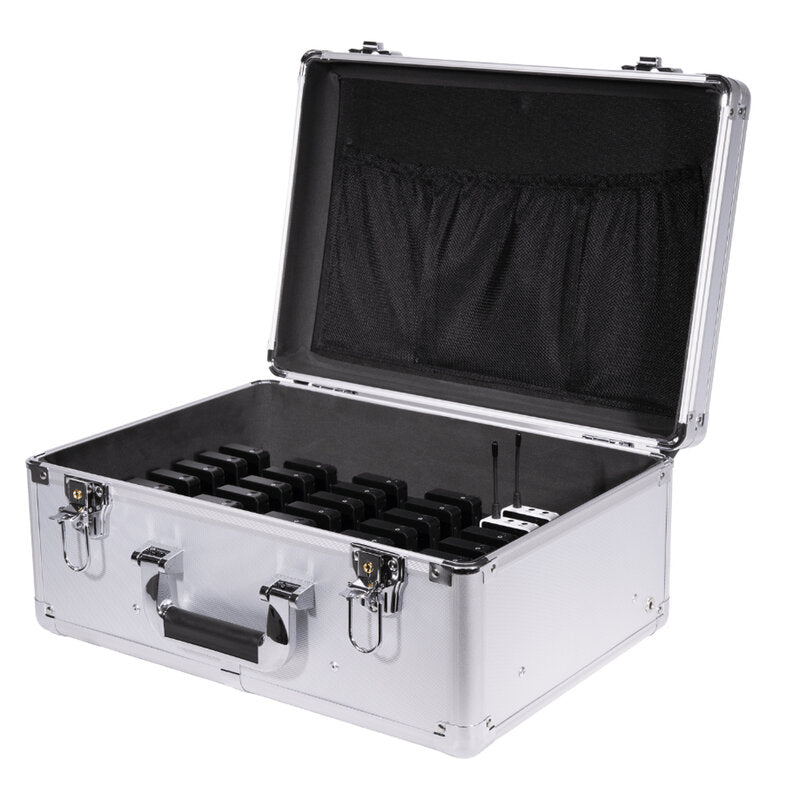 Rondson AR-G30 UHF guided‑tour system with 2 transmitters, 28 receivers, 50 channels, 200 m range and long‑life rechargeable batteries, supplied with 30‑slot charging case