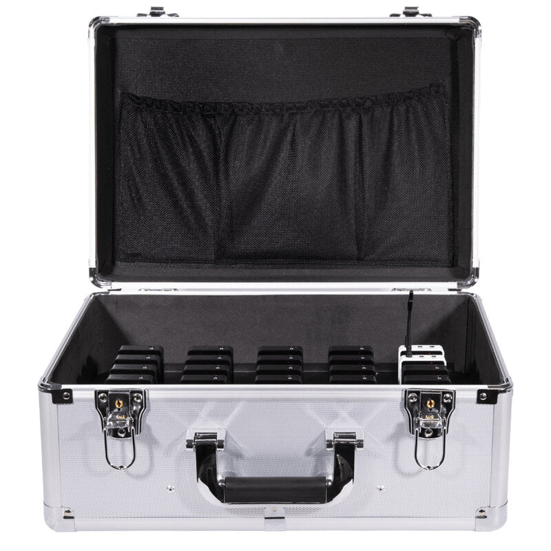 Rondson AR-G30 UHF guided‑tour system with 2 transmitters, 28 receivers, 50 channels, 200 m range and long‑life rechargeable batteries, supplied with 30‑slot charging case