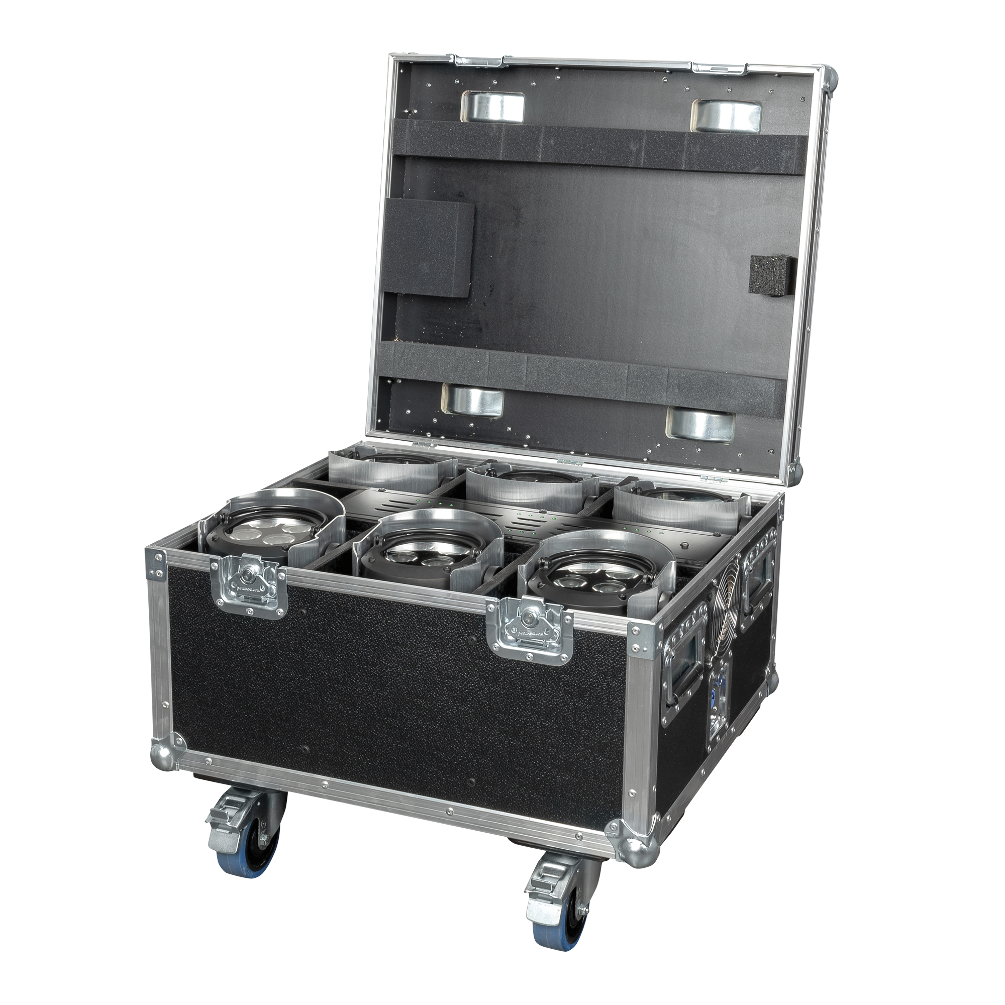 SHOWTEC EventSpot 1600 Q4 Set Black / Silver Valigetta con caricabatterie e 6x EventSpot 1600 Q4 - alluminio spazzolato