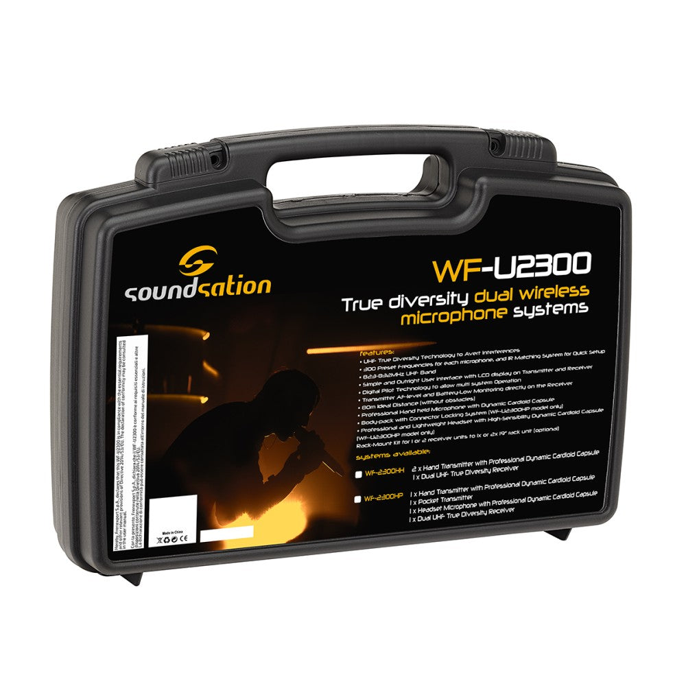 WIRELESS MICROPHONE. TRUE DIVERSITY DUAL UHF SOUNDSATION WF-U2300HH 2 HANDHELD TRANSMITTERS 823-832MHz