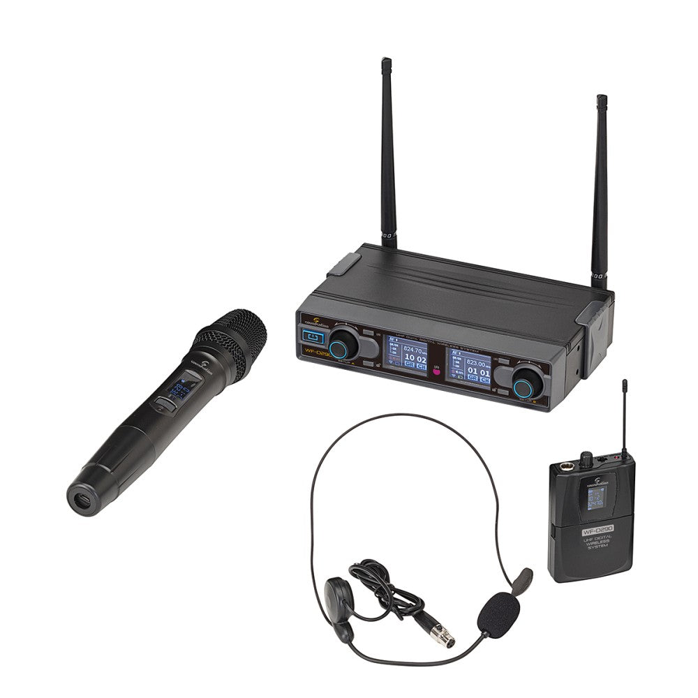 RADIOMIC. DIGITALE DOPPIO UHF SOUNDSATION WF-D290HP 1TX MANO + 1TASC. HEADSET 823-832MHz