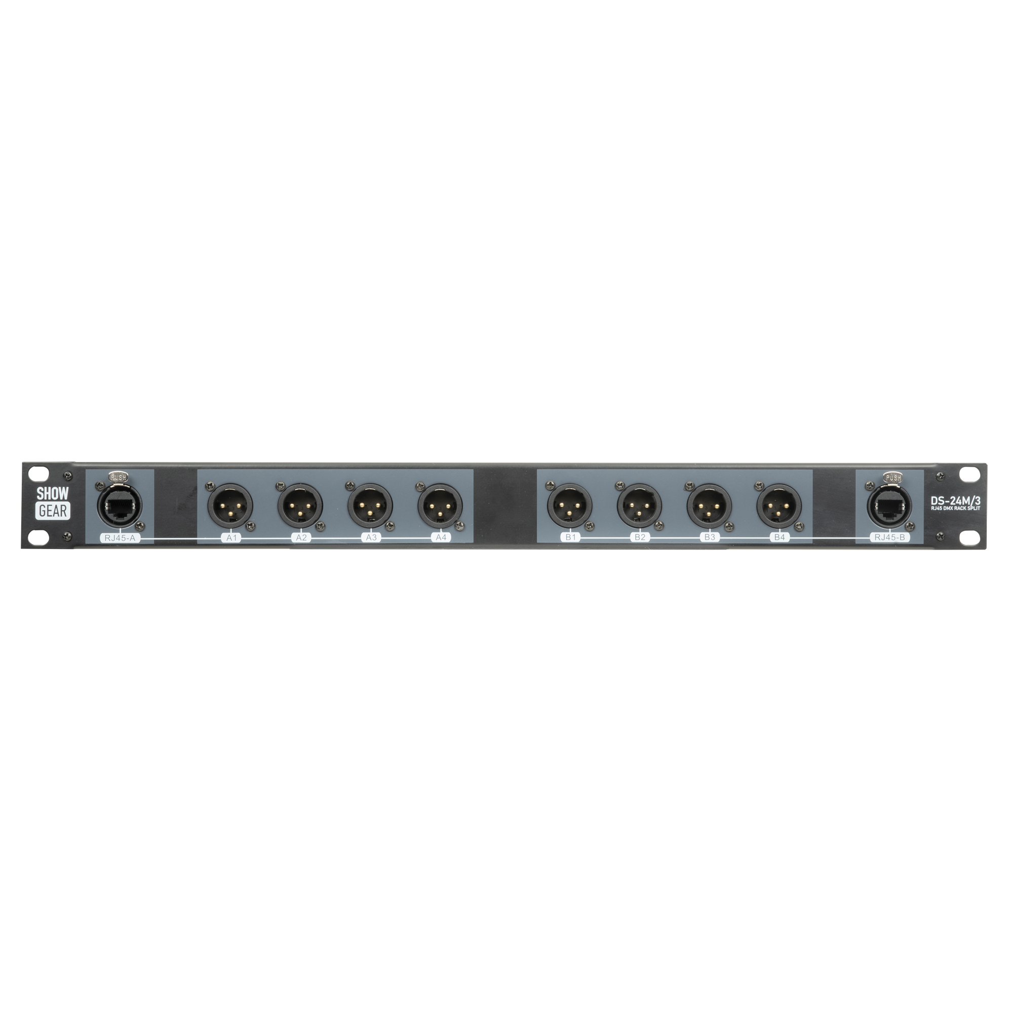 SHOWGEAR DS-24M/3 DMX Rack Split 8x 3-pin male XLR to 2x female RJ45 converter (4 universes per CAT cable) Convertitore da 8x 3-pin XLR maschio a 2x RJ45 femmina (4 universi per cavo CAT)