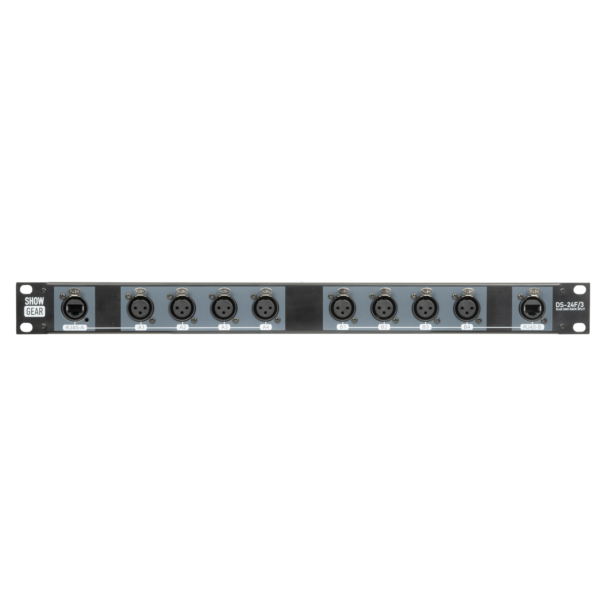 SHOWGEAR DS-24F/3 DMX Rack Split 8x 3-pin female XLR to 2x female RJ45 converter (4 universes per CAT cable) Convertitore da 8x 3-pin XLR femmina a 2x RJ45 femmina (4 universi per cavo CAT)