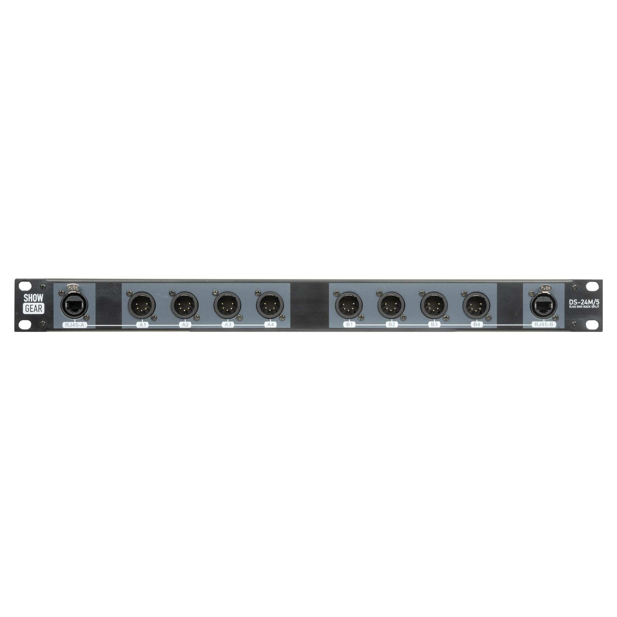 SHOWGEAR DS-24M/5 DMX Rack Split 8x 5-pin male XLR to 2x female RJ45 converter (4 universes per CAT cable) Convertitore da 8x 5-pin XLR maschio a 2x RJ45 femmina (4 universi per cavo CAT)