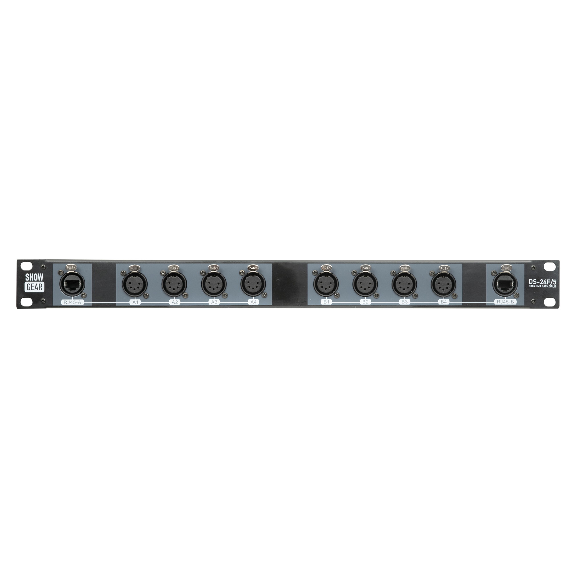 SHOWGEAR DS-24F/5 DMX Rack Split 8x 5-pin female XLR to 2x female RJ45 converter (4 universes per CAT cable) Convertitore da 8x 5-pin XLR femmina a 2x RJ45 femmina (4 universi per cavo CAT)