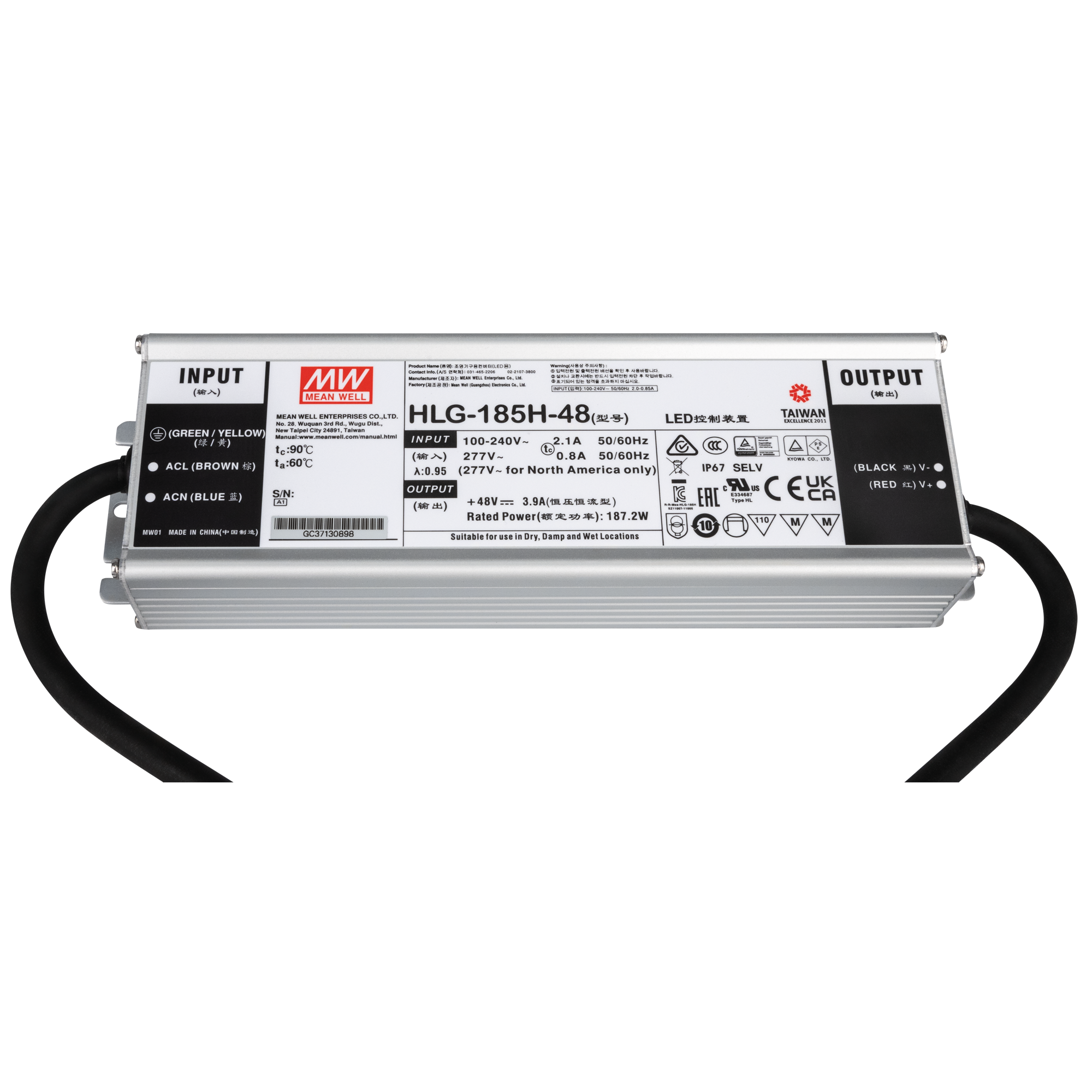 MEANWELL LED Power Supply - 185 W - 48 V DC HLG-185H-48