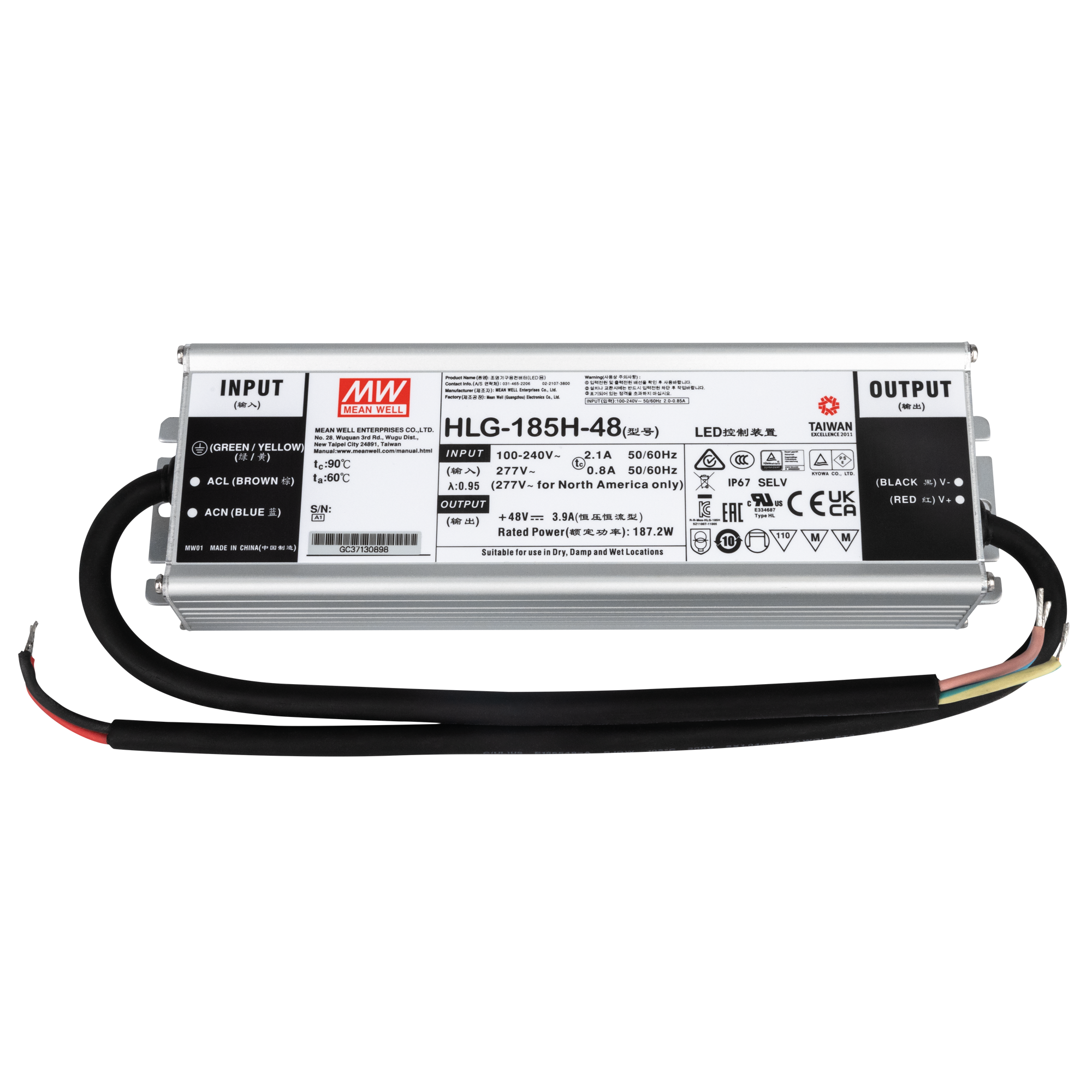 MEANWELL LED Power Supply - 185 W - 48 V DC HLG-185H-48