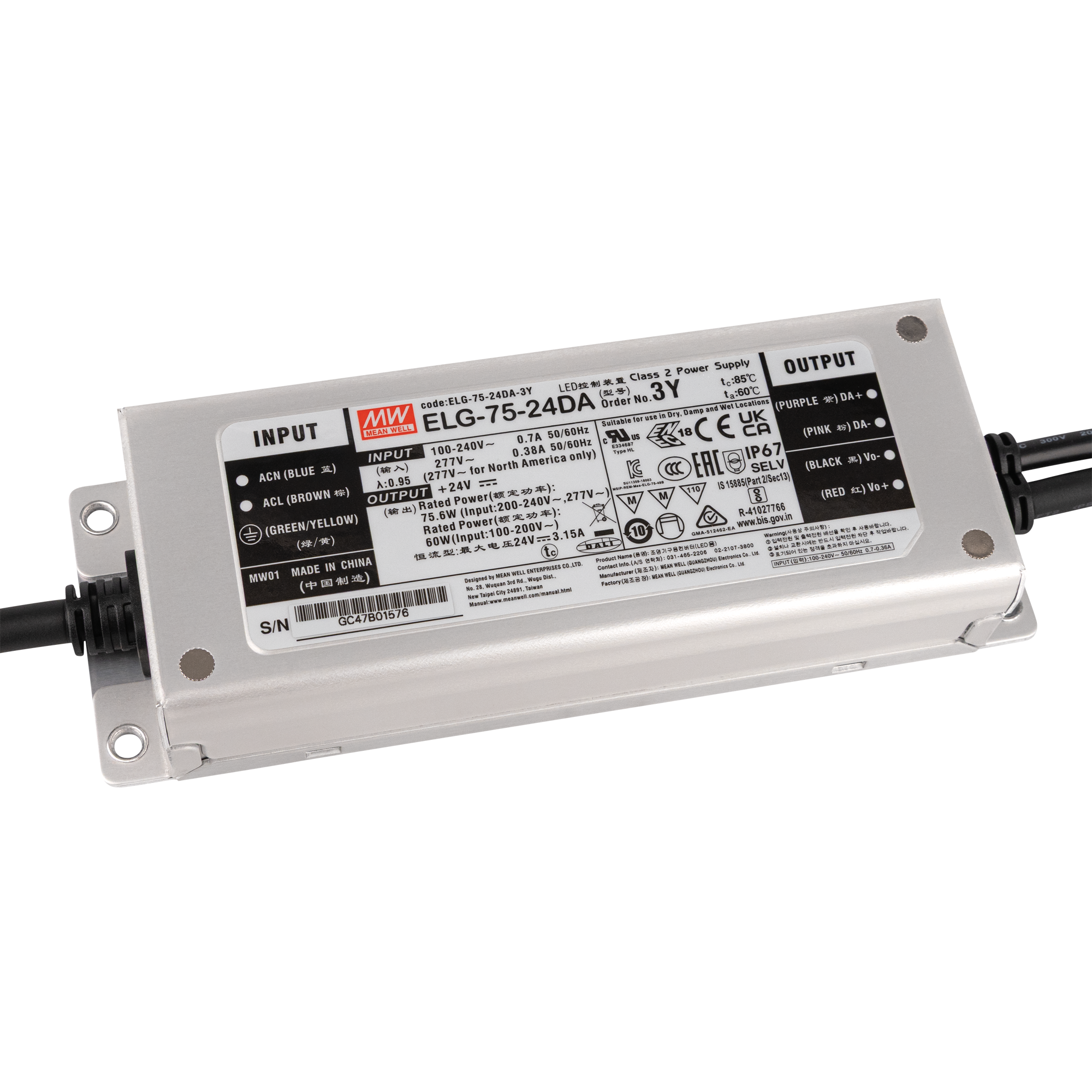 MEANWELL LED Power Supply - 75 W - 24 V DC DALI - IP67 - ELG-75-24DA-3Y