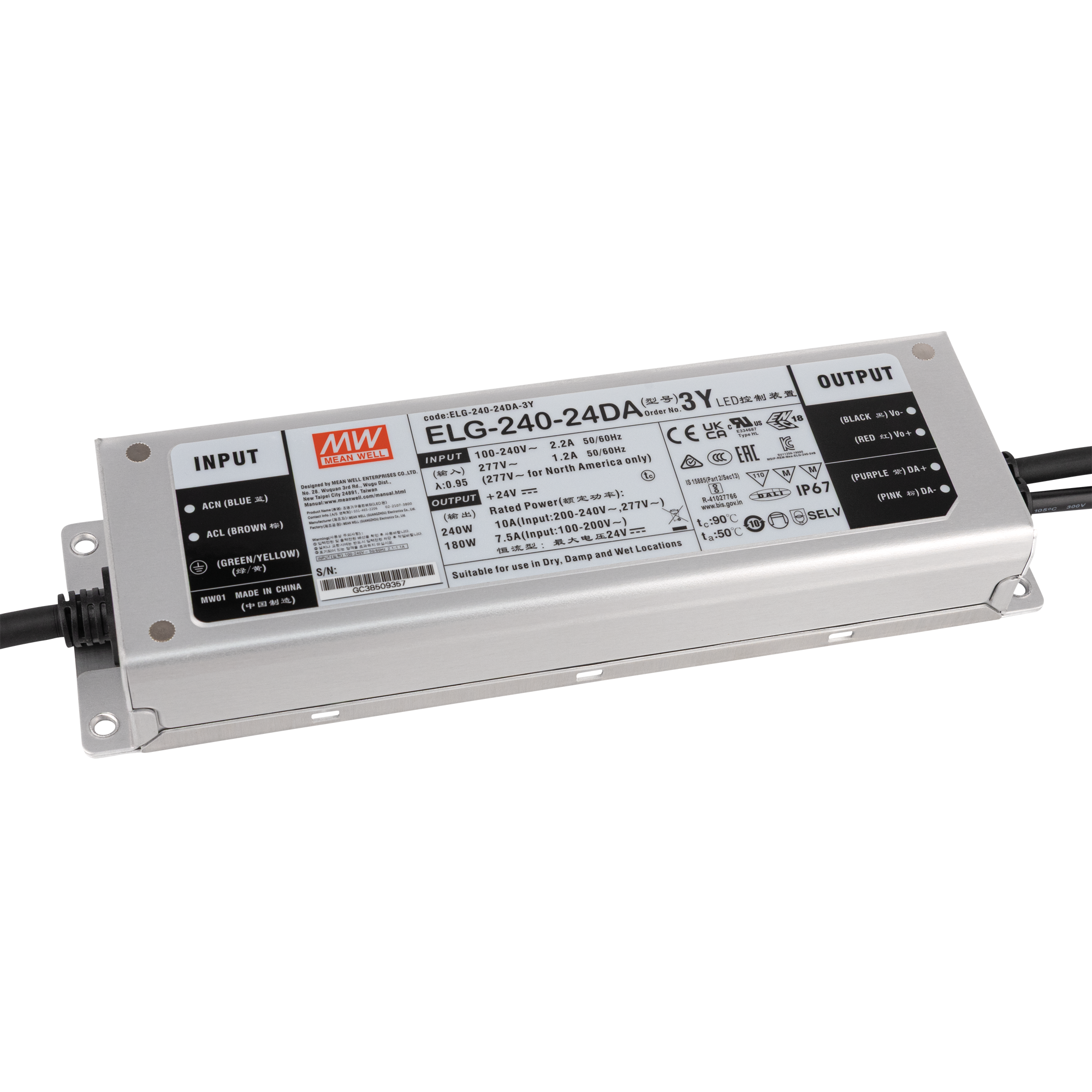 MEANWELL LED Power Supply - 240 W - 24 V DC DALI - IP67 - ELG-240-24DA-3Y