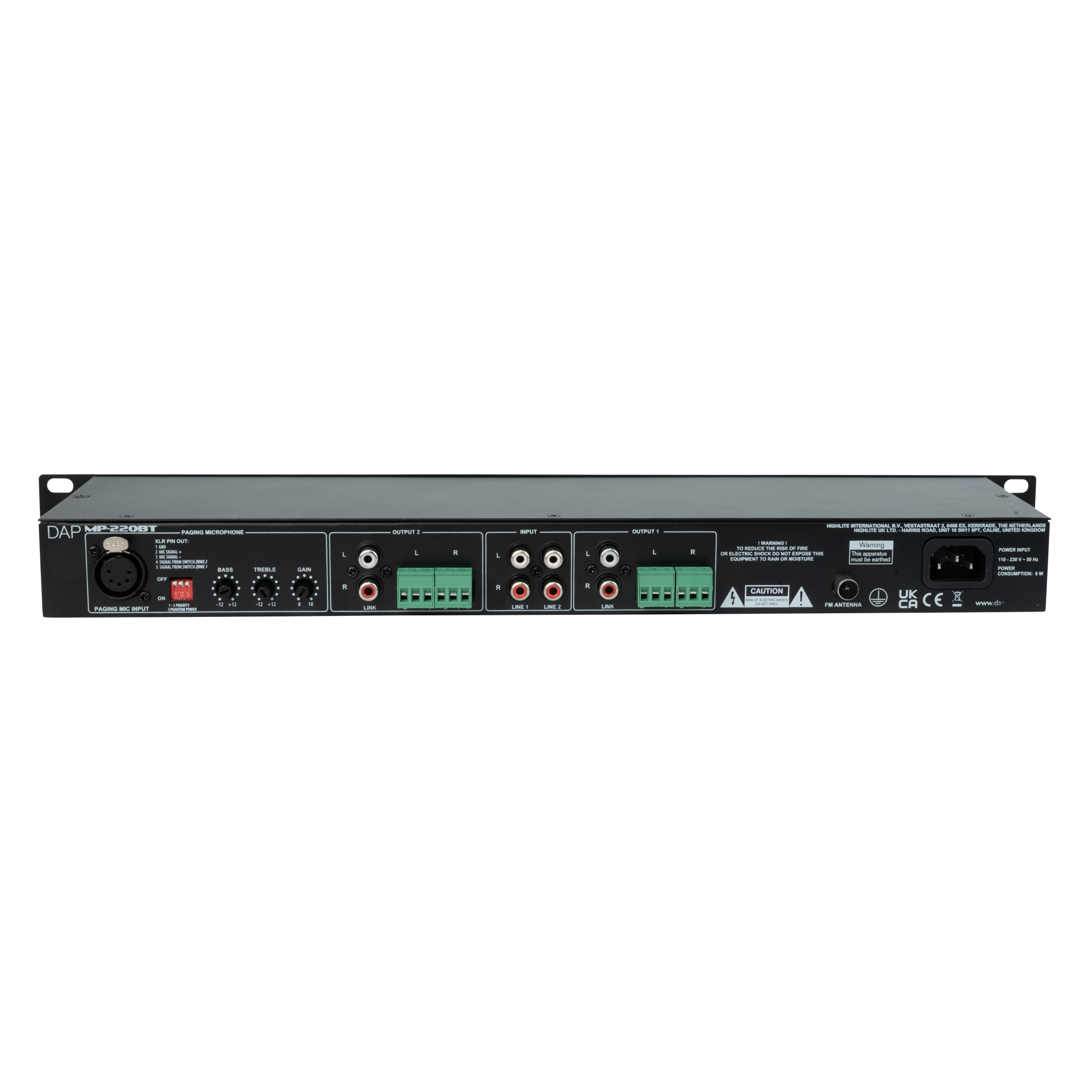 Dap MP-220BT Media Player with BT Lettore multimediale doppio 1U con radio FM, lettore USB/scheda SD, BT 4.2 e interfaccia microfono cercapersone