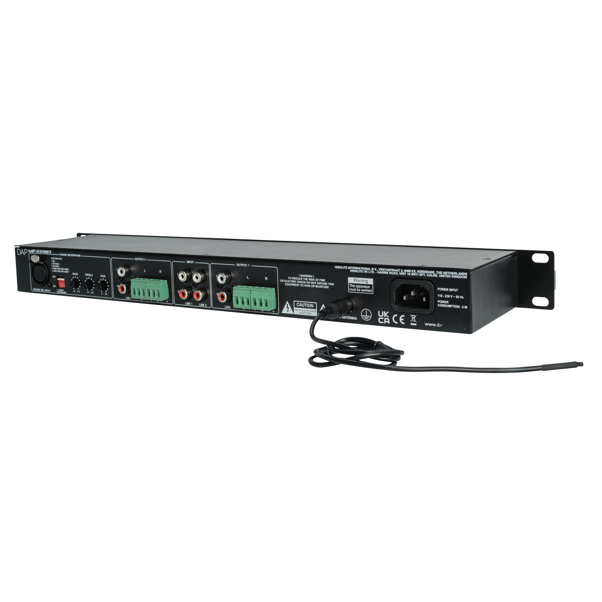 Dap MP-220BT Media Player with BT Lettore multimediale doppio 1U con radio FM, lettore USB/scheda SD, BT 4.2 e interfaccia microfono cercapersone