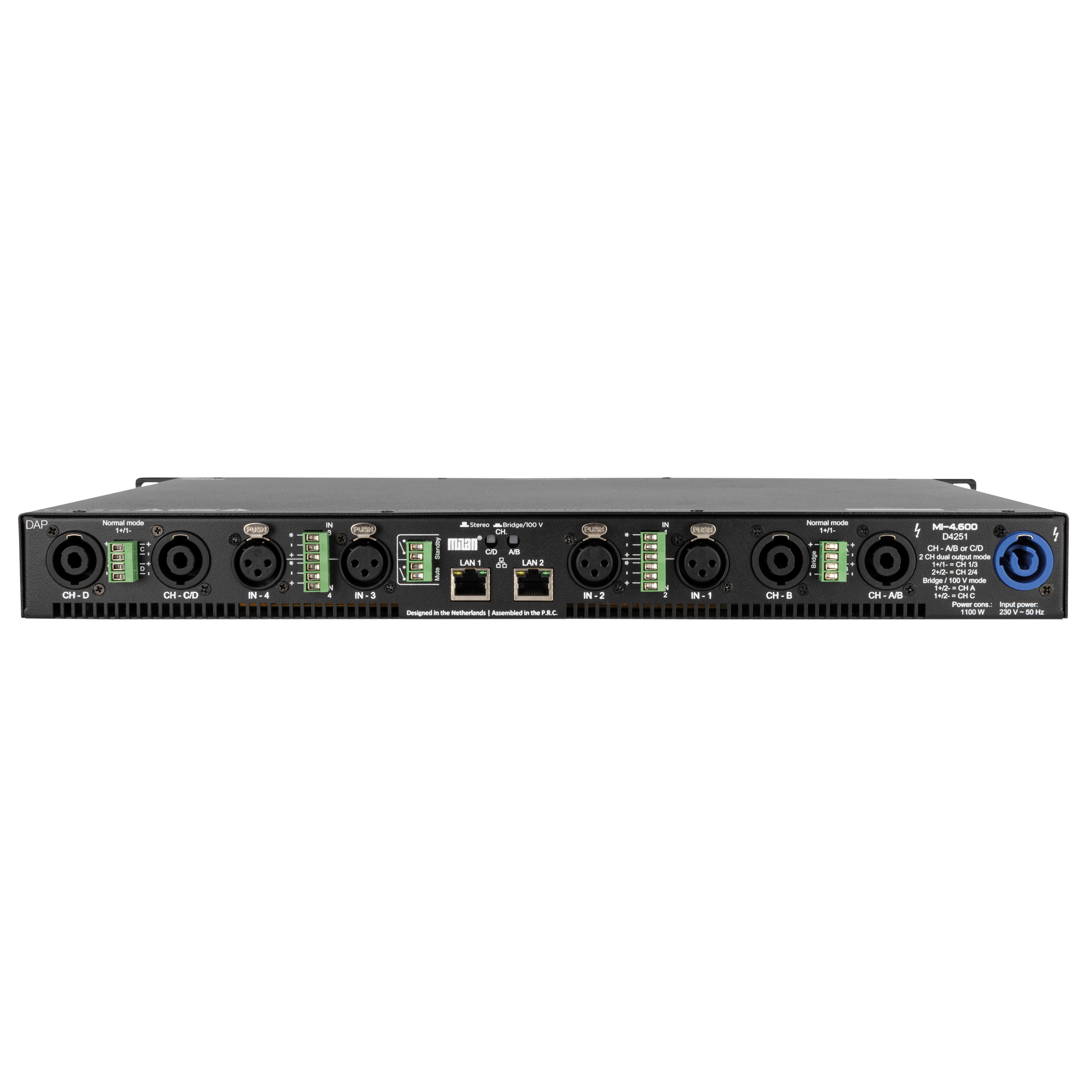 Dap MI-4.600 Amplificatore da installazione a 4 canali con DSP e Milan (4x 600 W)
