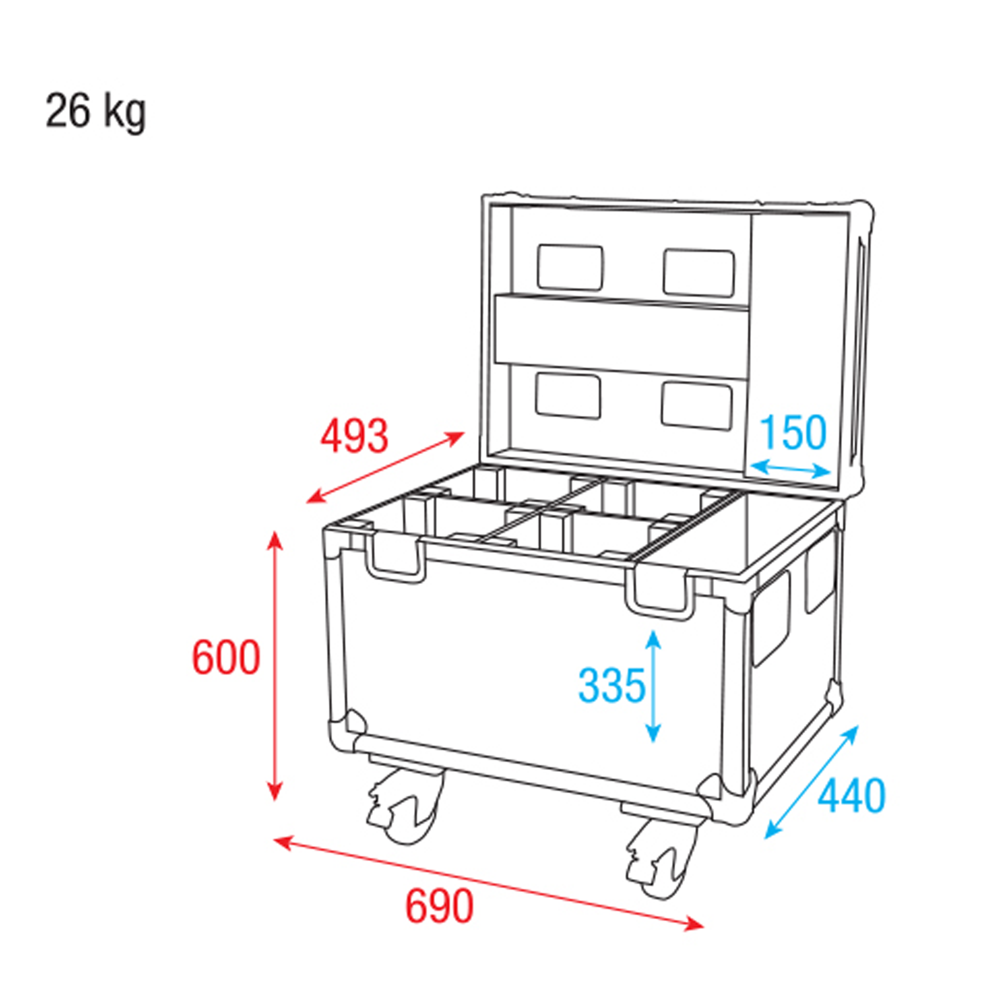 SHOWTEC Case for 4x Shark One (Spot/Wash Zoom/Wash/Combi) With accessory compartment Con vano per gli accessori