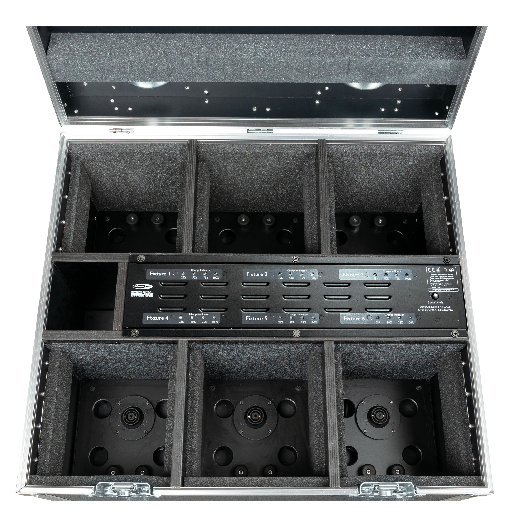 SHOWTEC Charger Case for 6x EventSpot 1600 Q4 With accessory compartment and built-in charger Flightcase