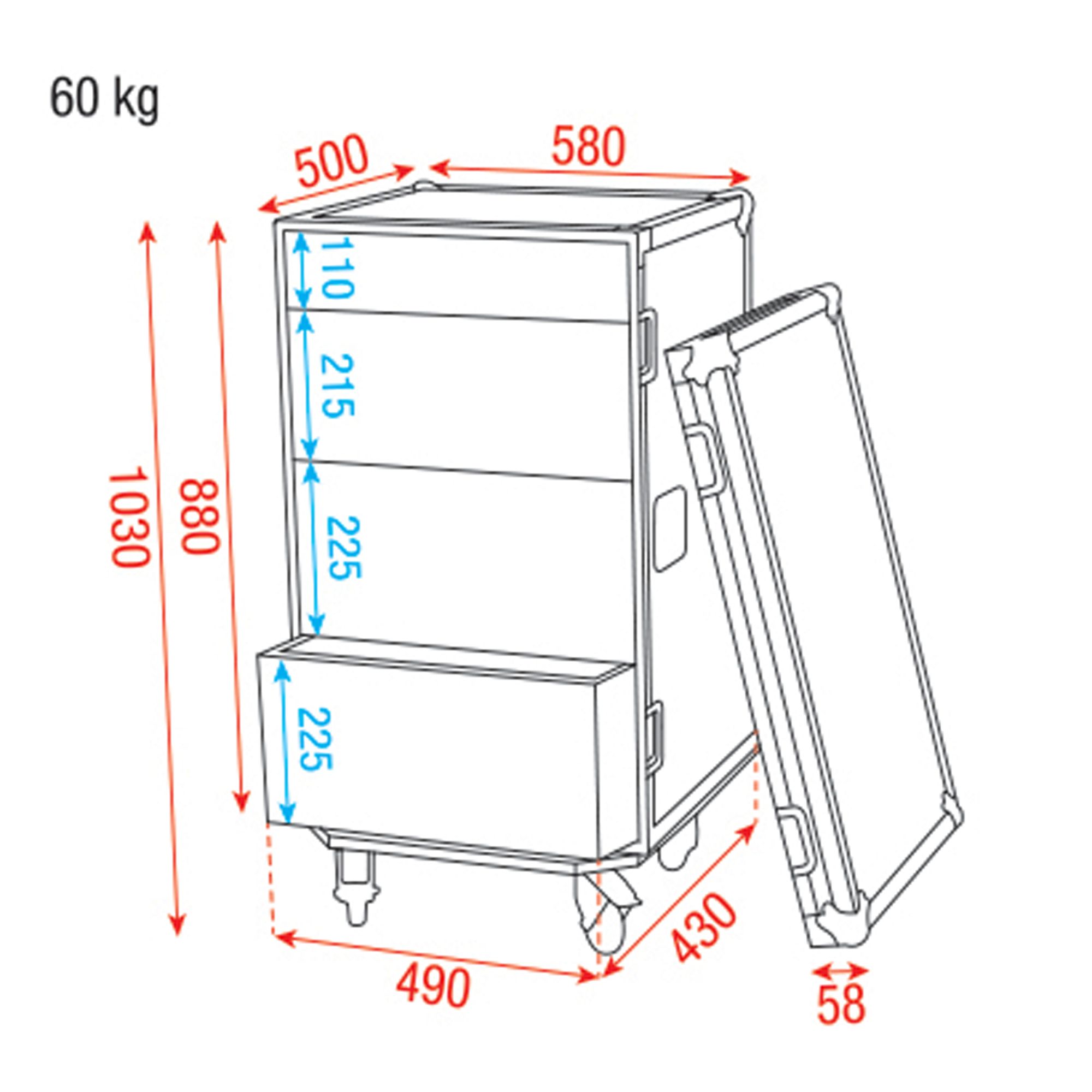 SHOWGEAR Drawer Case 16U Multi-purpose - swivel castors with break Baule con cassetti 16HE