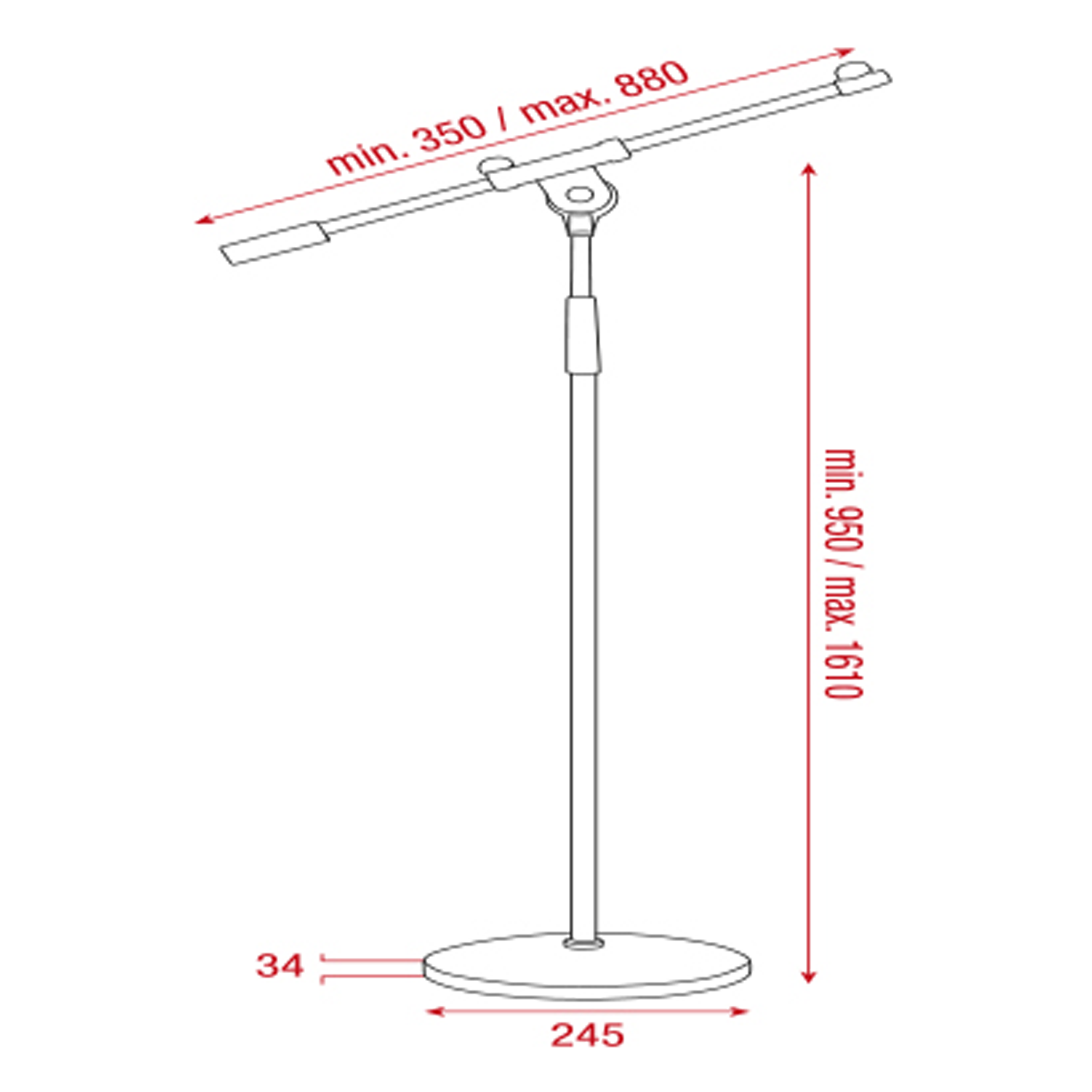 SHOWGEAR Microphone Boom Stand 950-1610 mm - 3/8 filetto