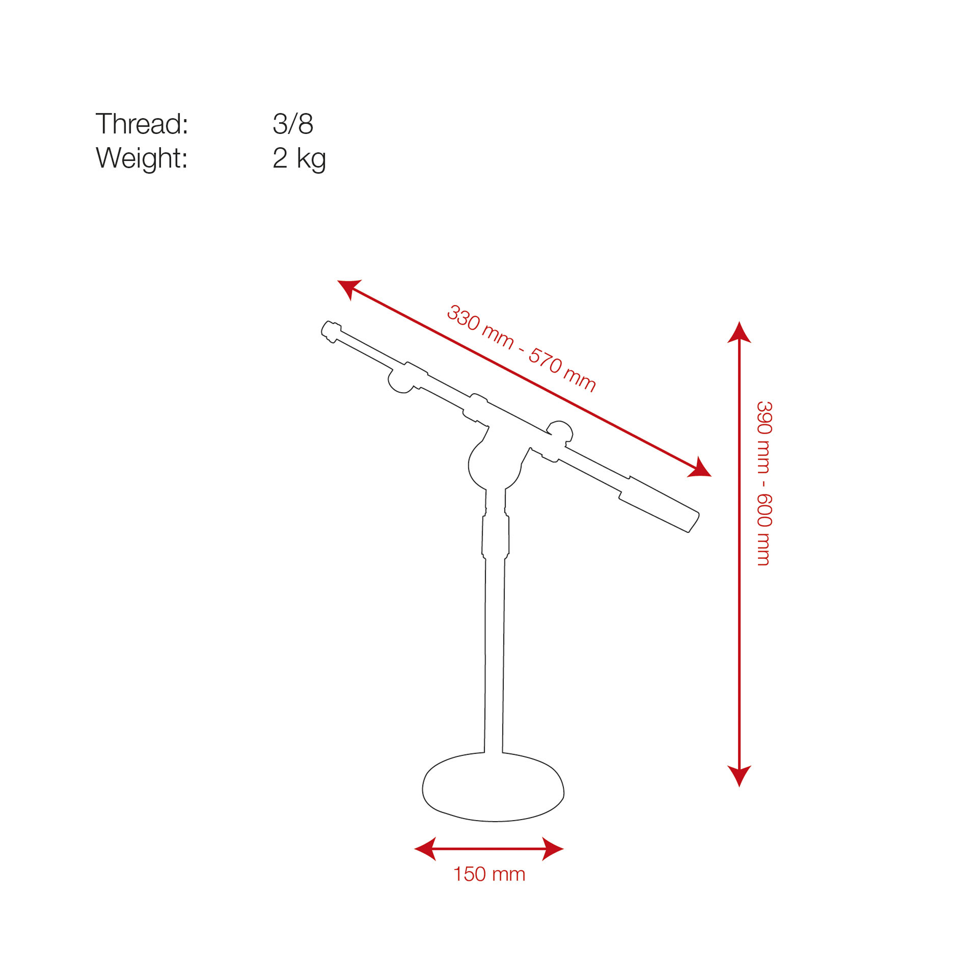 SHOWGEAR Desk Microphone Stand 390-600 mm - 3/8 filetto