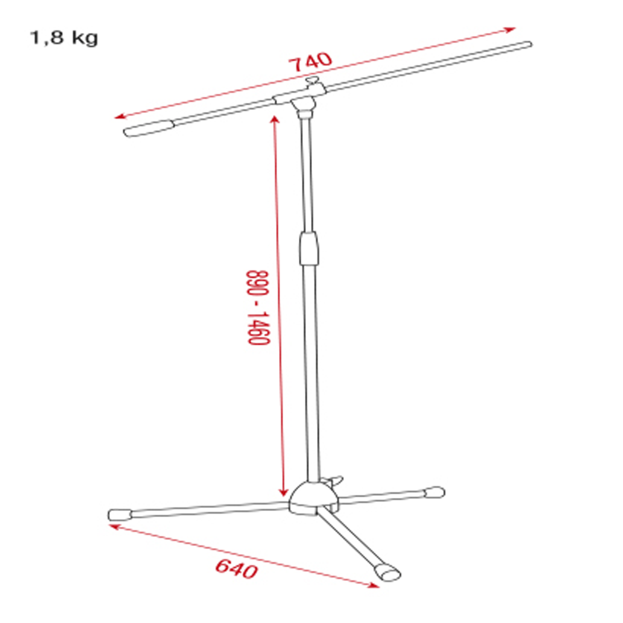 SHOWGEAR Microphone Boom Stand - Lite 890-1460 mm - base in plastica - 3/8 filetto