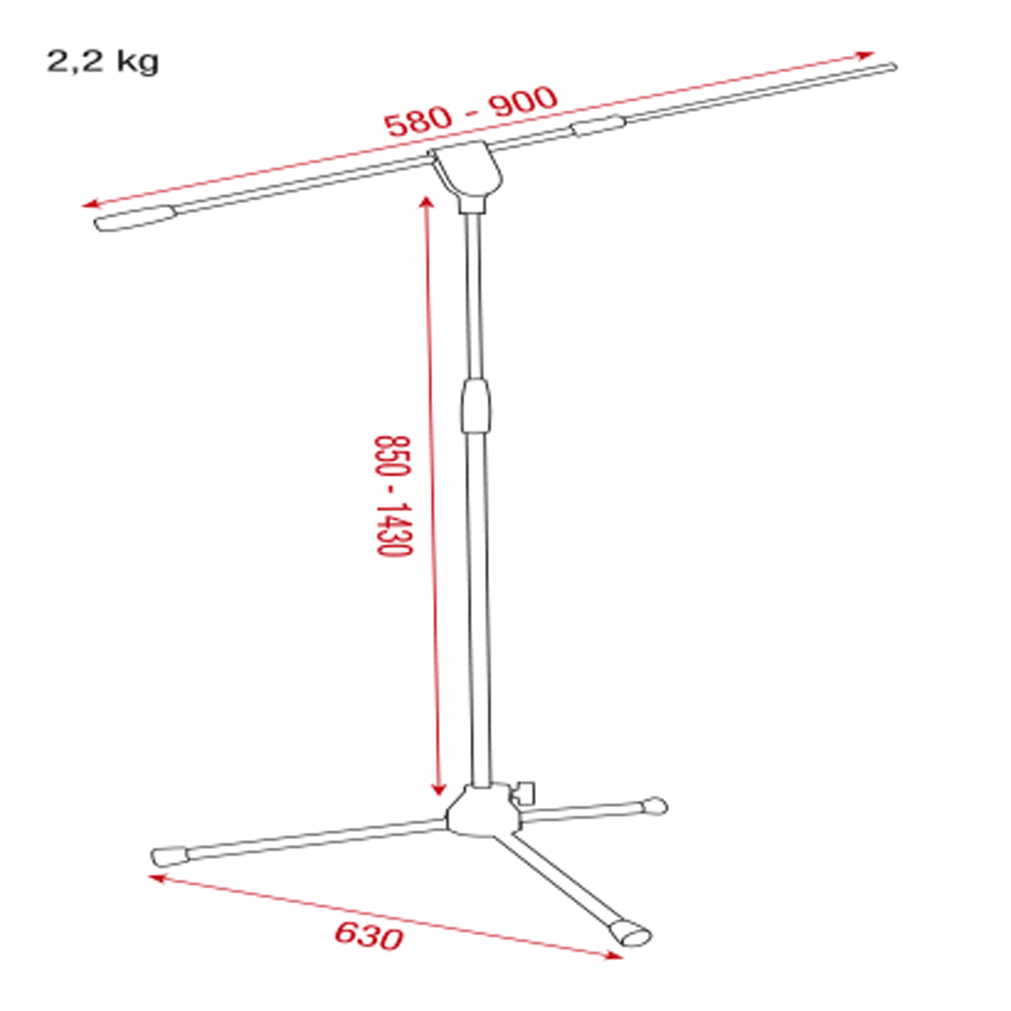 SHOWGEAR Telescopic Microphone Boom Stand - Pro 850-1430 mm - Base in metallo - 3/8 filetto