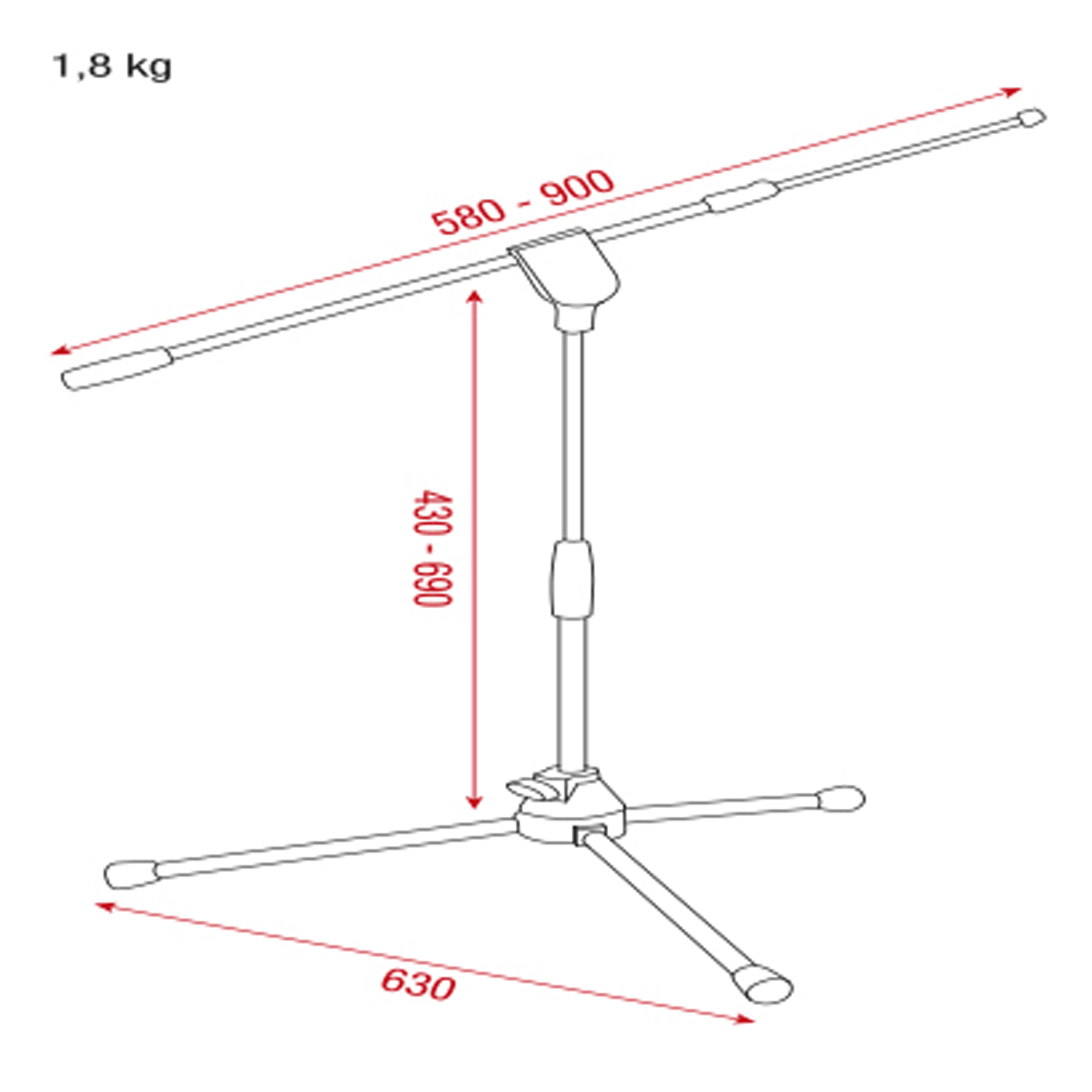 SHOWGEAR Telescopic Microphone Boom Stand - Pro 430-690 mm - 3/8 filetto