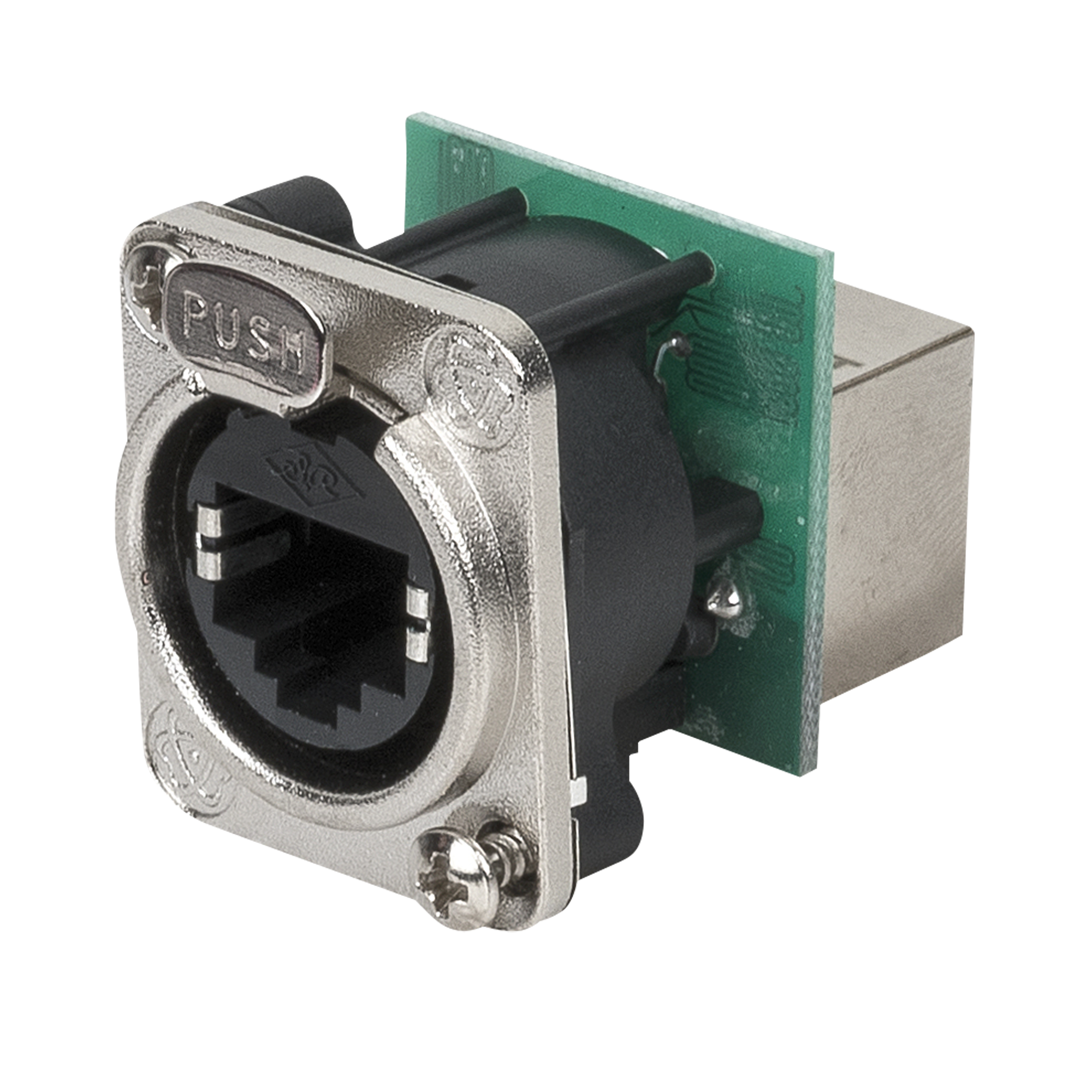 DAP Ethernet RJ45 D-size Chassis Feedthrough receptacle in D-sized metal flange with the secure latching system - Nickel - CAT5E Connettore passante in flangia metallica di tipo D con sistema di aggancio sicuro. Nichel