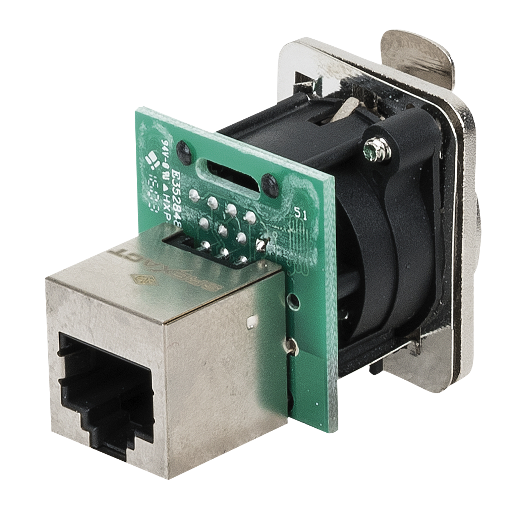 DAP Ethernet RJ45 D-size Chassis Feedthrough receptacle in D-sized metal flange with the secure latching system - Nickel - CAT5E Connettore passante in flangia metallica di tipo D con sistema di aggancio sicuro. Nichel