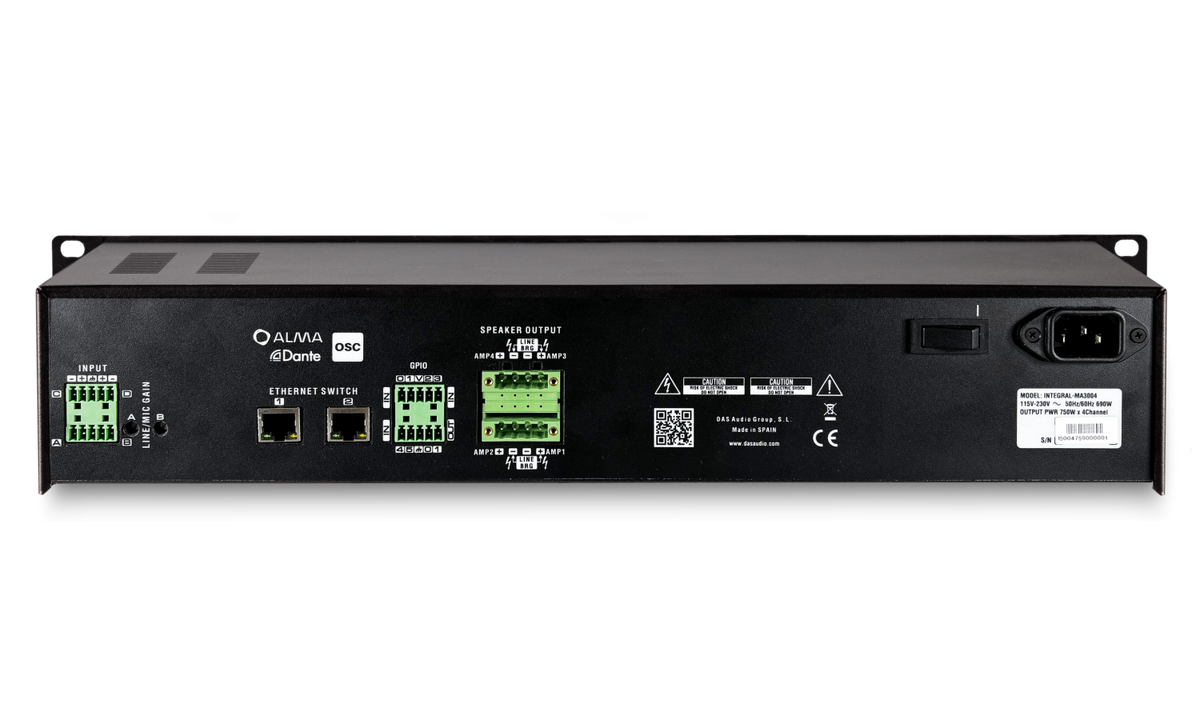 The INTEGRAL-MA3004 Matrix Amplifier 2u, 4x 750w, 4ohm, 4in, 4out (analog), 4x4 i/o Dante